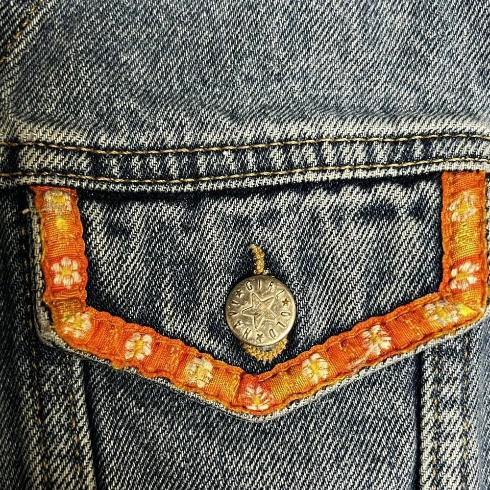Old Navy Y2K Denim Jean Jacket Girls Size 12 Medium Embroidery Flowers 2000 Vtg